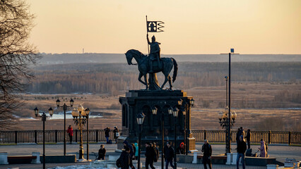 Vladimir, Russia - February 2020: the Monument to Prince Vladimir and the Saint Fyodor at sunset