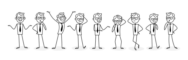 Set of characters. Emotions. People working in the office, negotiating and discussing issues, solve problems, developing ideas, taking part in business activities. Concept for web design. The outline 