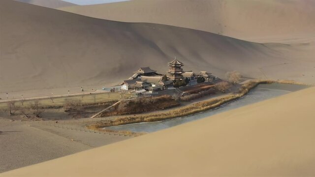 sunny evening time desert dunes aerial panorama 4k china