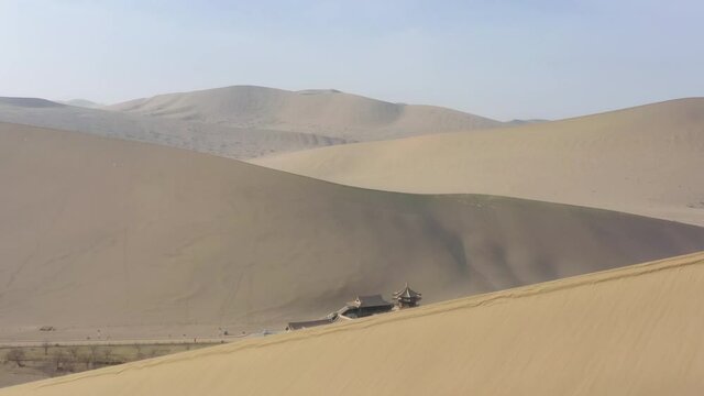 sunny evening time desert dunes old town aerial panorama 4k gansu china