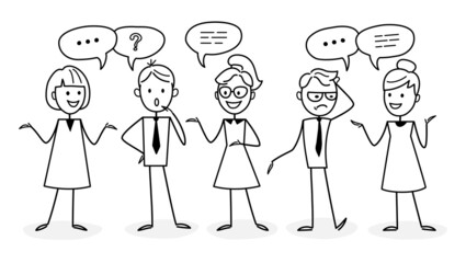 Men and women working, negotiating and discussing issues, solve problems, developing ideas, taking part in business activities. Teamwork. Concept for web design. The outline of a vector illustration. 