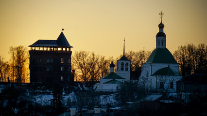 Vladimir, Russia - February 2020: water tower and Vladimir Cherry Museum. Sunset