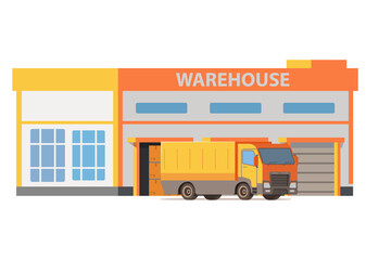 Warehouse building with gates. Storage of goods. Cargo truck car delivery.Vector flat illustration.Isolated on white background.