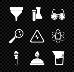 Set Funnel or filter, Test tube and flask chemical, Laboratory glasses, Alcohol spirit burner, glassware beaker, Microorganisms under magnifier and High voltage sign icon. Vector