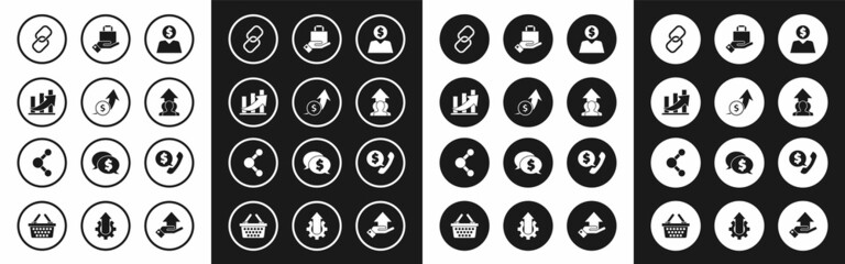 Set Business man planning mind, Financial growth and coin, Chain link, Growth chart progress people crowd, Hand paper shopping bag, Telephone handset speech bubble chat and Share icon. Vector