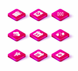 Set Christmas star, Calendar, Cloud with snow, postcard, Pair of knitted christmas mittens, Snowflake and on smartphone and snowflake icon. Vector