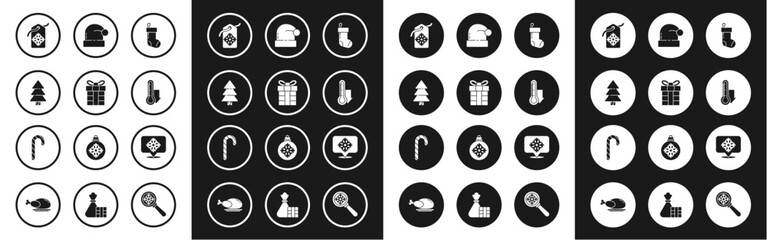 Set Christmas stocking, Gift box, tree, Price tag with an inscription Sale, Meteorology thermometer measuring, Santa Claus hat, Snowflake speech bubble and candy cane stripes icon. Vector