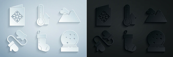 Set Christmas stocking, Mountains, Pair of knitted christmas mittens, snow globe with fallen snow, Meteorology thermometer measuring and postcard icon. Vector