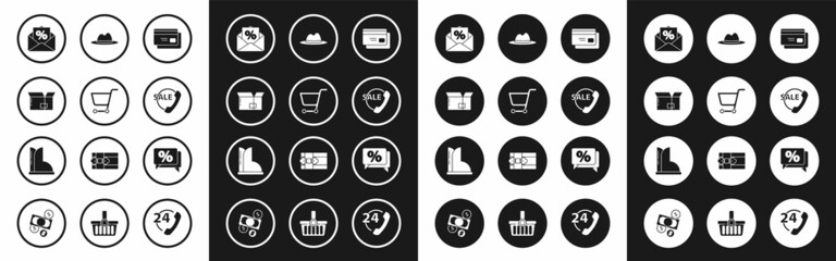 Set Credit card, Shopping cart, Carton cardboard box, Envelope with an interest discount, Telephone 24 hours support, Man hat ribbon, Discount percent tag and Waterproof rubber boot icon. Vector