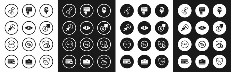 Set Lead management, Eye with dollar, Cursor and coin, Chain link, Financial growth, Online shopping on screen, Shield and Clock 24 hours icon. Vector