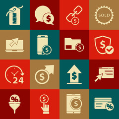 Set Discount card with percent, Online shopping on screen, Shield dollar, Chain link and coin, Smartphone, Laptop cursor, Price tag New and Envelope icon. Vector