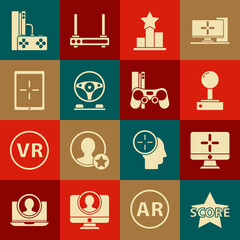 Set Star, Computer monitor, Joystick for arcade machine, Racing simulator cockpit, Tablet, Game console with joystick and icon. Vector