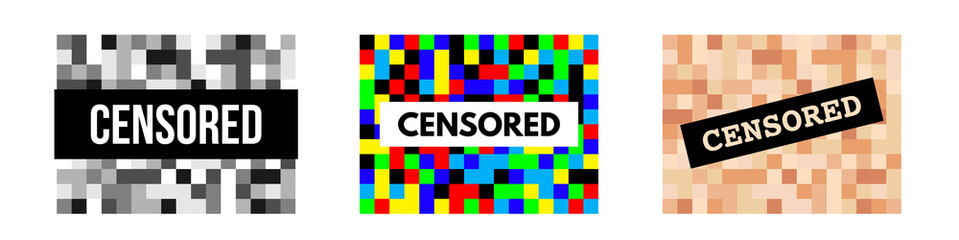 Censor pixel bar set with censored word, mosaic signs of black grey, skin or random color