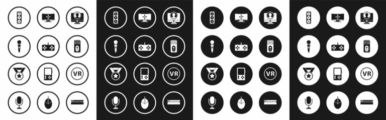Set Create account screen, Gamepad, Joystick for arcade machine, Stereo speaker, Computer, monitor, Virtual reality glasses and Medal icon. Vector