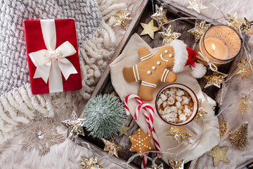 Hot chocolate with marshmallow on wool background. Christmas concept