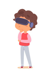 Kid in vr glasses headset play, virtual reality technology vector illustration. Cartoon boy gamer character playing cyber game, learning, fantasy experience for child isolated on white.