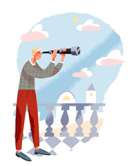 Man looking through spyglass, standing on cute terrace in cityscape, holding telescope