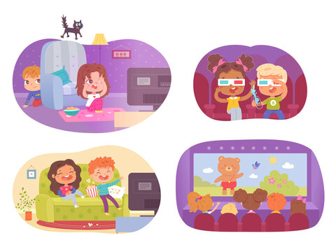 Kids watching movies at home and at cinema set. Little boys and girls watch film on television or theatre screen vector illustration. Leisure and entertainment in childhood