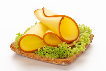 Sandwich with lettuce, cheese on white background.