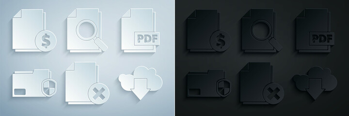 Set Delete file document, PDF, Document folder protection, Cloud download, with search and Finance icon. Vector