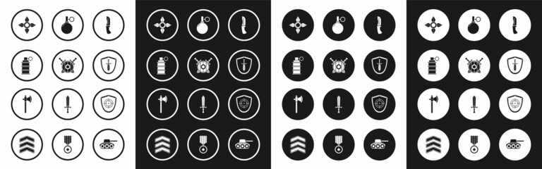 Set Military knife, Wooden shield with crossed swords, Hand grenade, Japanese ninja shuriken, Medieval, Target sport and axe icon. Vector