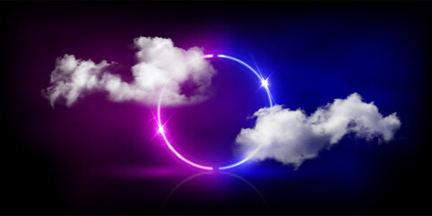 Neon light circle frame glowing among soft clouds in dark sky abstract night background