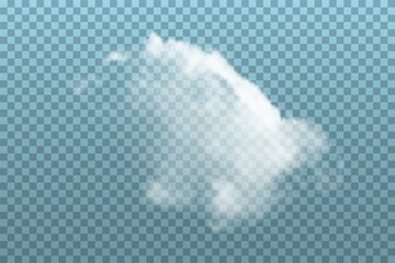 Cloud on blue transparent background. Realistic fluffy white cloud vector illustration. Overcast day nature outdoor.