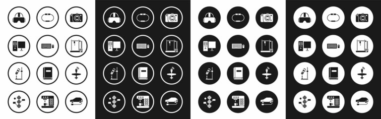 Fototapeta premium Set Mirrorless camera, Keyboard and mouse, Computer monitor, Virtual reality glasses, 3D printer, Smartwatch, UAV Drone and Test tube flask fire icon. Vector