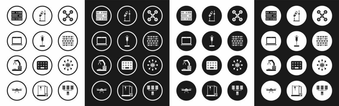 Set Drone flying, Syringe, Laptop, Server, Data, Web Hosting, Binary code, Test tube flask fire, Social network and Robotic robot arm hand factory icon. Vector