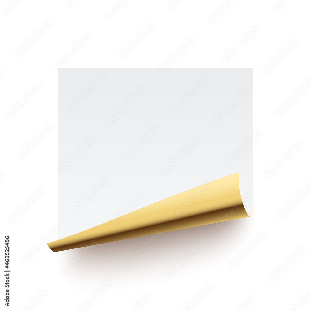 Poster paper sticker with curl golden corner vector illustration. sticker blank page leaf with curved rolle