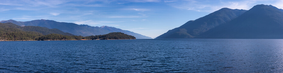 Panoramic View of Kootenay Lake. Sunny Fall Season Day. Near Nelson, British Columbia, Canada. Canadian Nature Background Panorama