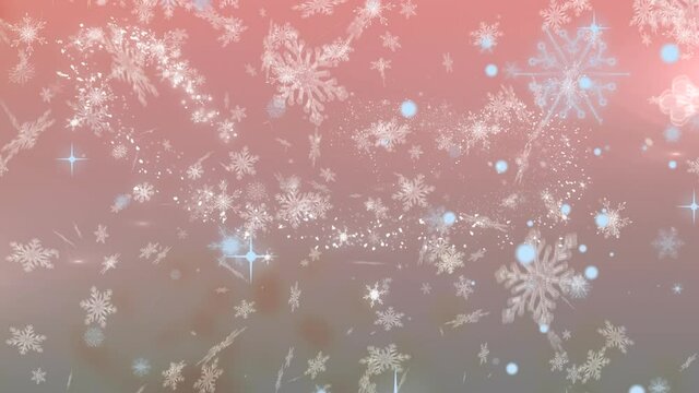 Digital animation of snowflakes falling against spot of light on pink background