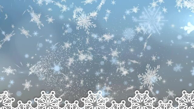 Digital animation of snowflakes falling against spot of light on blue background