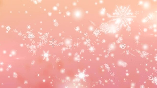 Digital animation of snow falling against multiple snowflakes on pink background