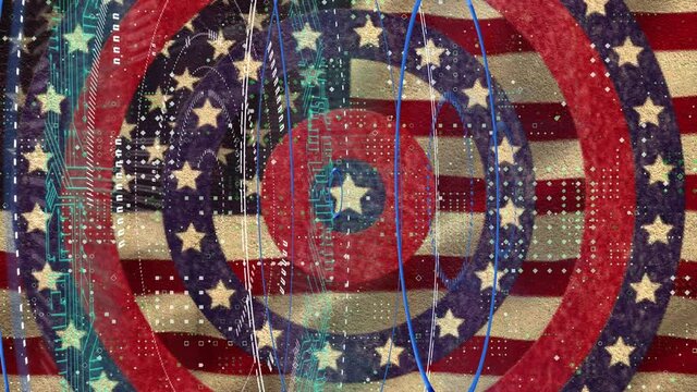Digital animation of neon round scanners over stars on spinning circles against waving american flag