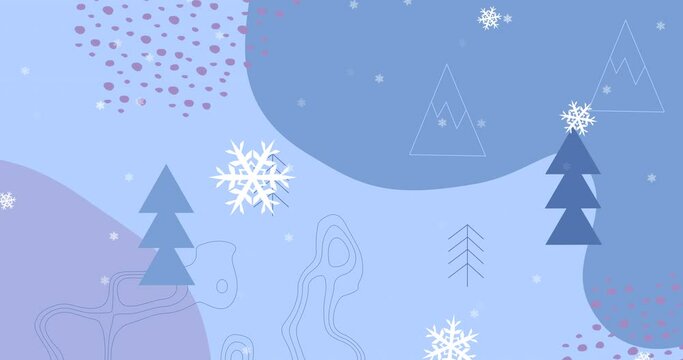 Animation of christmas trees over snow falling on blue background