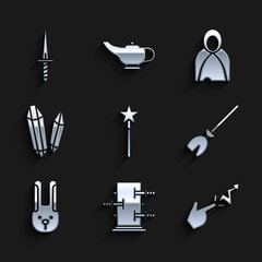 Set Magic wand, Trunk for magic tricks, Spell, Witches broom, Rabbit with ears, stone, Mantle, cloak, cape and Dagger icon. Vector