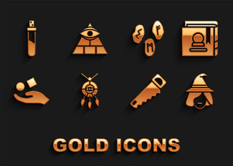 Set Dream catcher with feathers, Ancient magic book, Witch, Hand saw, Cube levitating above hand, Magic runes, Bottle love potion and Masons icon. Vector