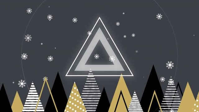 Animation of christmas trees over snow falling with shapes moving on green background