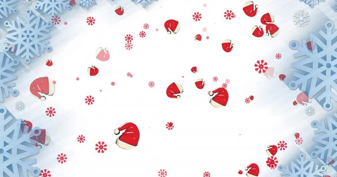 Animation of santa hats falling over snow falling on white background