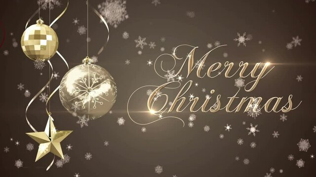 Animation of merry christmas text with christmas baubles decoration with snow falling