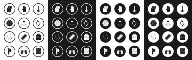 Set Medical thermometer, Bacteria bacteriophage, Virus, Bottle with virus, Microscope, rubber gloves, Medicine bottle and pills and Stethoscope icon. Vector