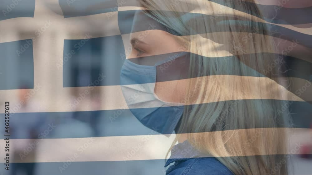 Canvas Prints Animation of flag of greece waving over woman wearing face mask during covid 19 pandemic