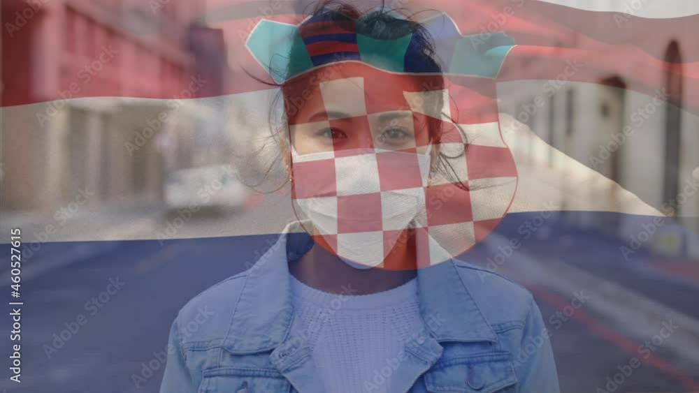 Sticker Animation of flag of croatia waving over woman wearing face mask during covid 19 pandemic