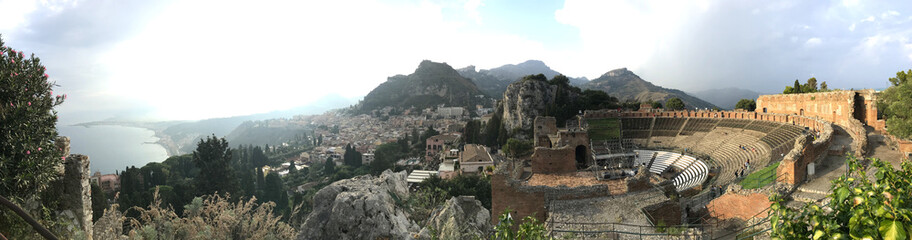 Fototapeta na wymiar View from greek amphiteatre in Taormina, Sicily, Italy 