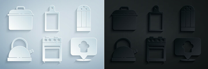Set Oven, Salt, Kettle with handle, Chef hat location, Cutting board and Cooking pot icon. Vector