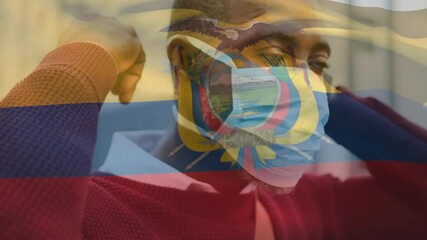 Animation of flag of ecuador waving over man wearing face mask during covid 19 pandemic - Powered by Adobe