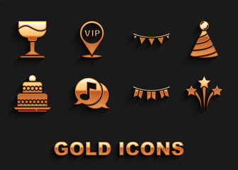 Set Musical note in speech bubble, Party hat, Firework, Carnival garland with flags, Cake, Cocktail and Location Vip icon. Vector