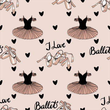 vector seamless pattern with the image of a tutu, pointe shoes