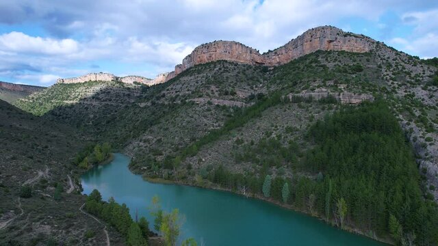 Pe&ntilde;as and cliffs in the Balagueras reservoir seen from a drone. Rubielos de Mora, Gudar Javalambre region. Teruel Province, Aragon, Spain, Europe